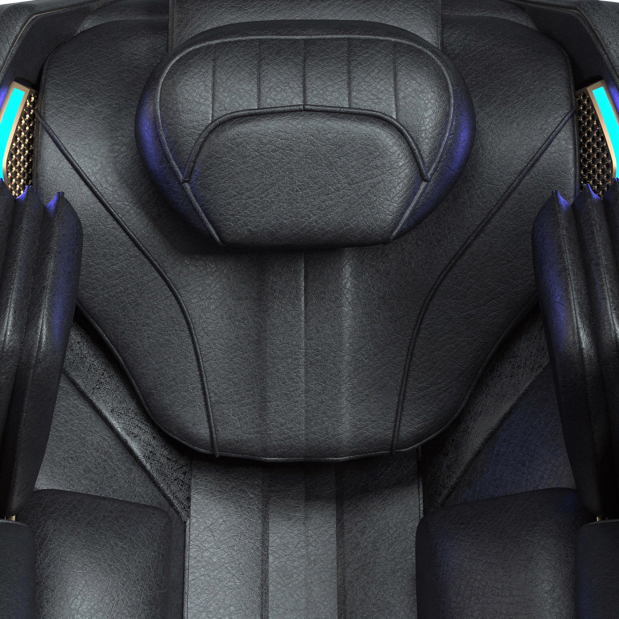 Close view of stitched black chair upholstery